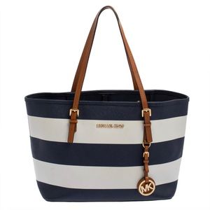 Michael Kors Blue/White striped leather jet set travel tote